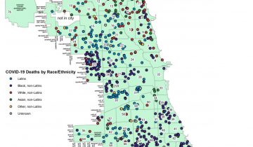 Map of cases of COVI19 by race and ethnicity in Chicago as of May 2020